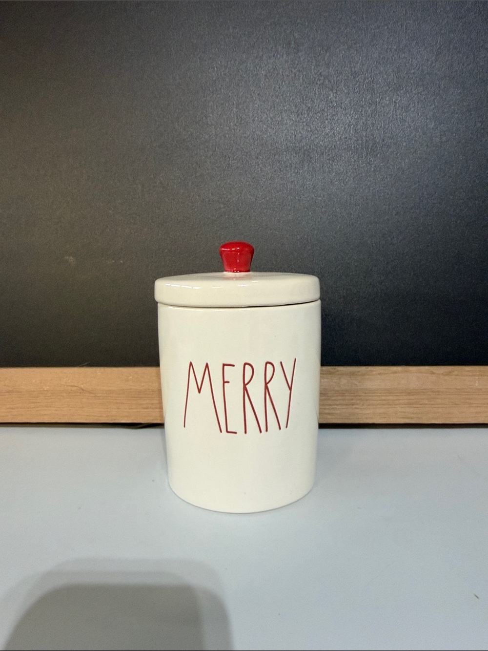 Rae Dunn Cream 'Merry' Canister with Red Lid Knob